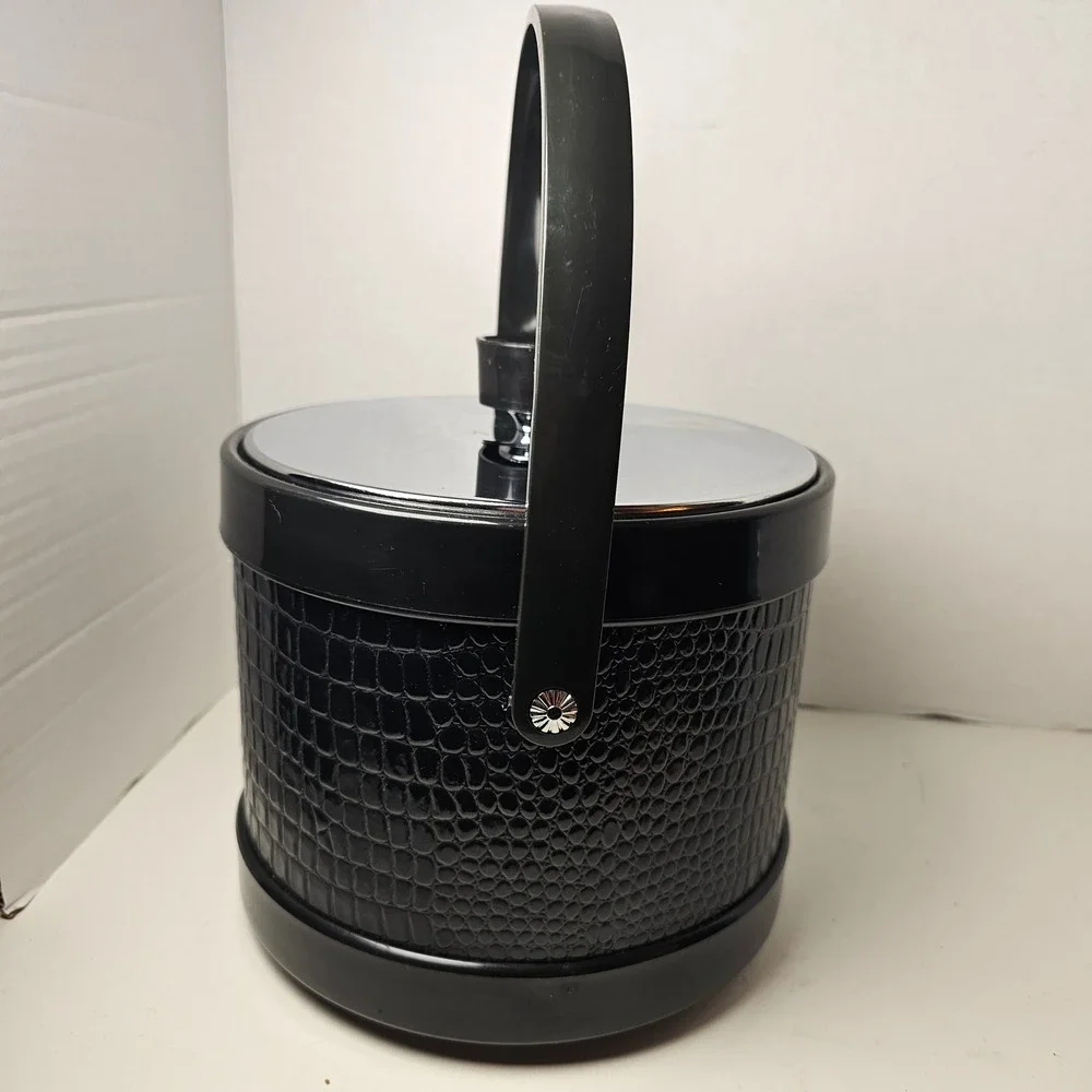 MCM Ice Bucket Black Faux Crocodile Chrome Lid Mid Century‎ Modern Barware Japan